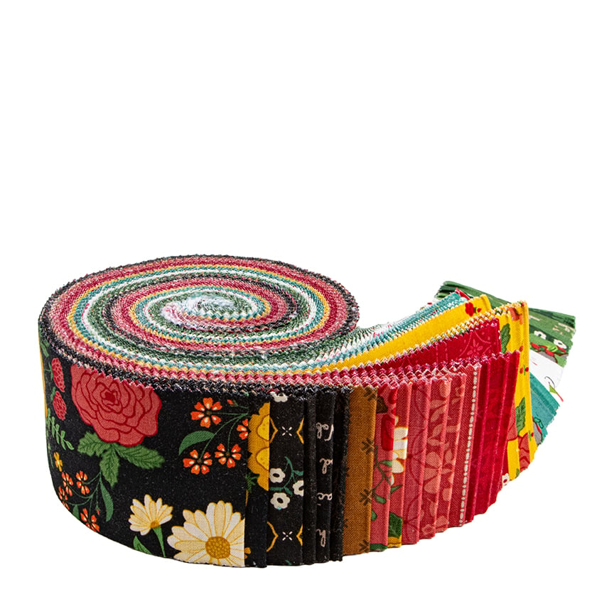 Rolled fabric jelly roll strips in floral prints with red roses, daisies, and small florals on black, plus red, yellow, teal, and green solids and prints.