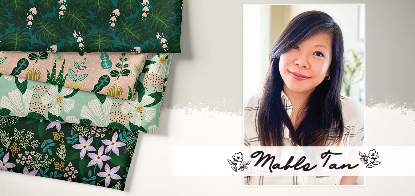 Folded floral and botanical print fabrics in green, blush, and mint beside a portrait of designer Mable Tan.