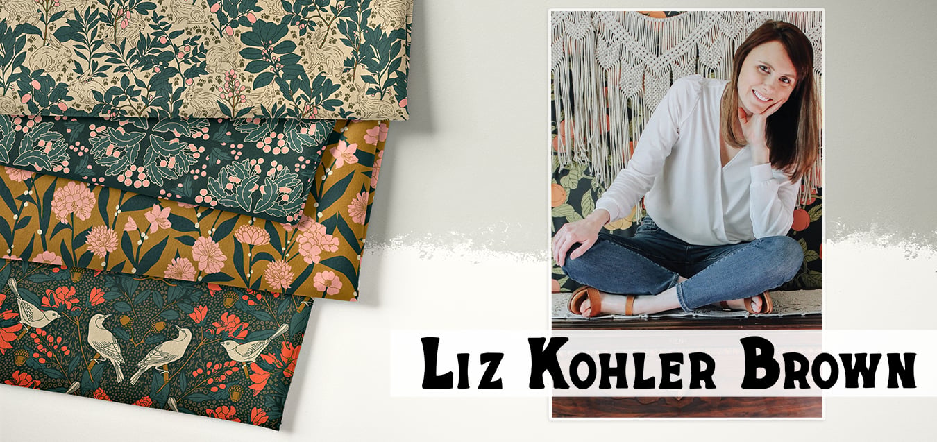 Folded floral fabrics with birds, leaves, and flowers in teal, mustard, coral, and cream, beside a portrait of designer Liz Kohler Brown.
