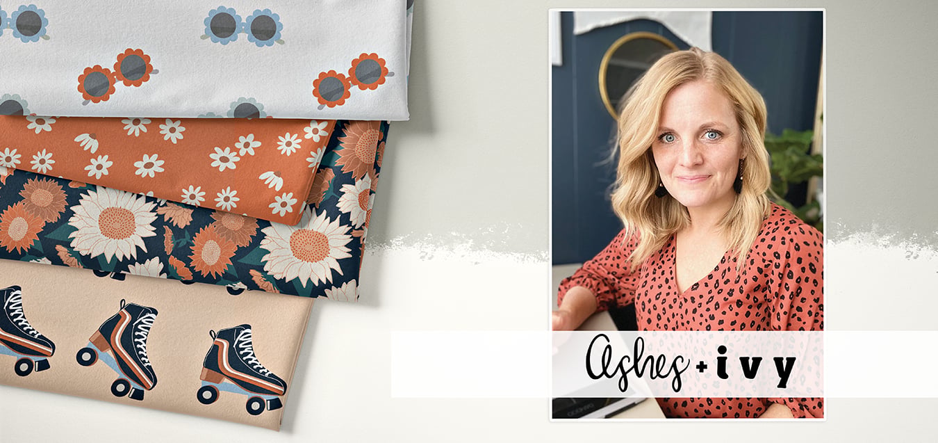 Folded fabrics with retro sunglasses, daisy, sunflower, and roller skate prints in orange, navy, and cream, beside a portrait of the Ashes + Ivy designer.