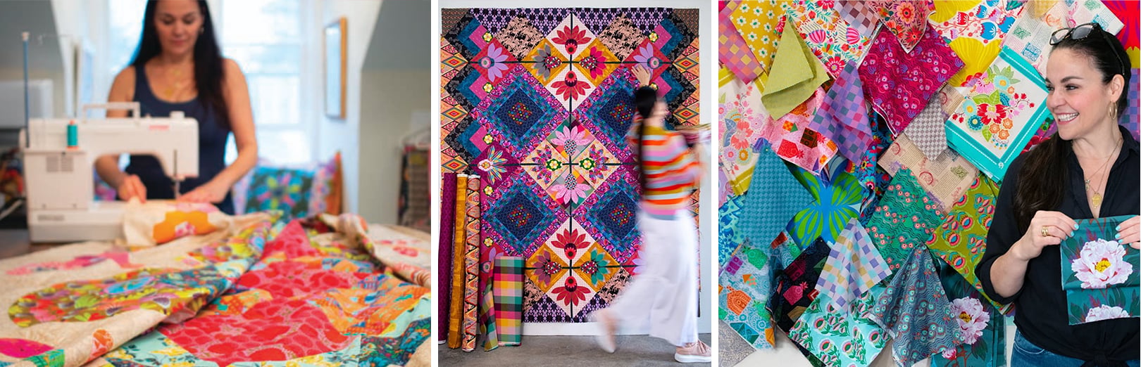Three scenes: sewing colorful floral fabric, a large geometric floral quilt panel with fabric bolts, and a woman holding fabric swatches amid piles of vibrant patterned fabrics