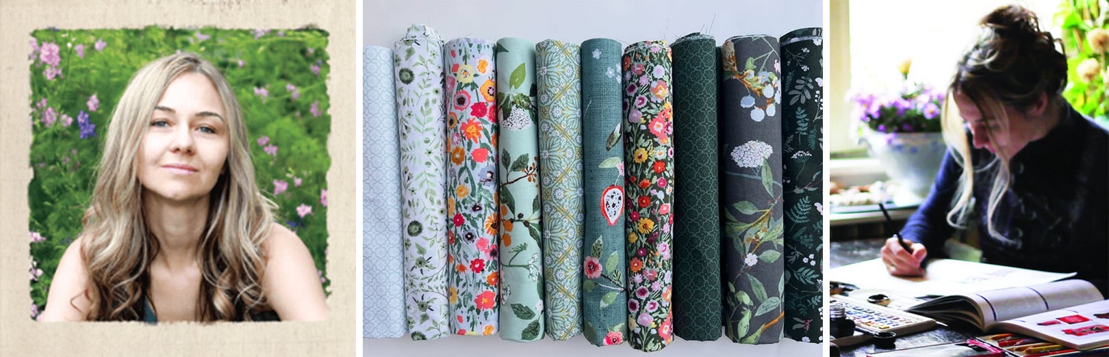 Portrait of designer beside rolled floral fabric bolts in green, pink and navy, and a photo of her painting watercolor florals