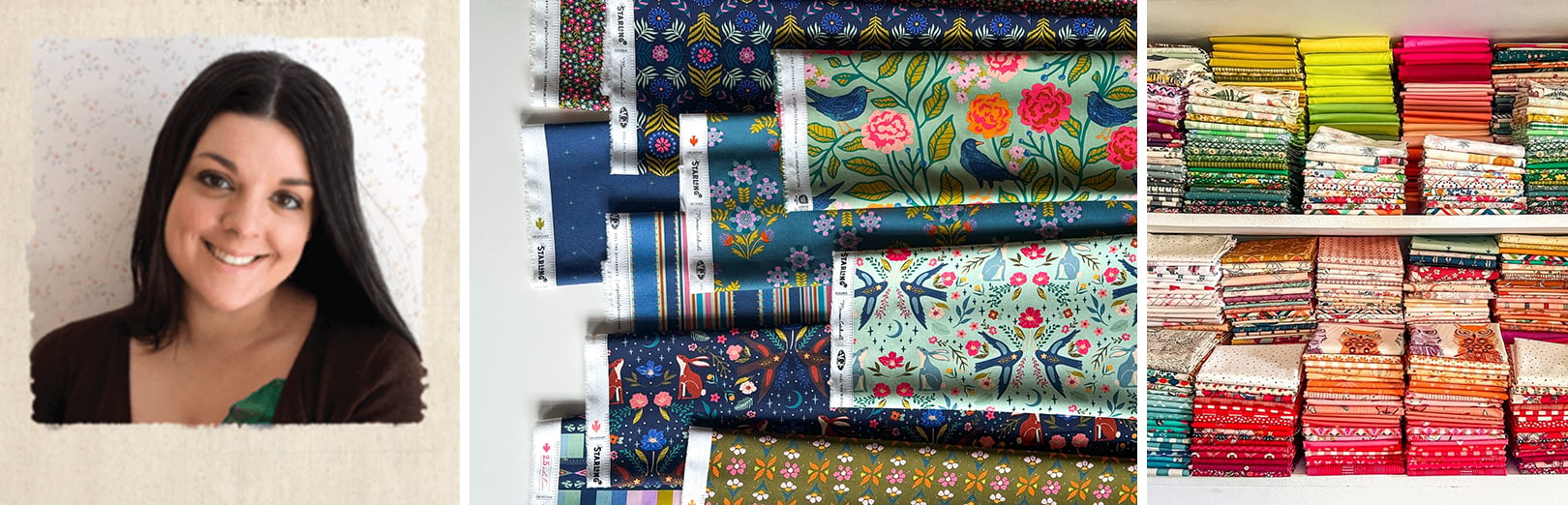 Portrait of a smiling designer beside folded floral fabric bolts in navy, teal, and pink, and shelves of stacked colorful fabric bundles
