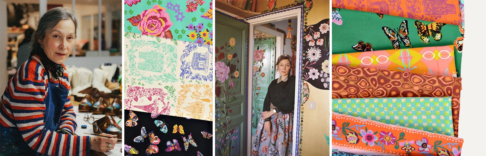 Collage of a fabric designer painting, colorful floral and butterfly print swatches, a decorated doorway, and stacked rolled fabrics with floral, butterfly, and geometric patterns