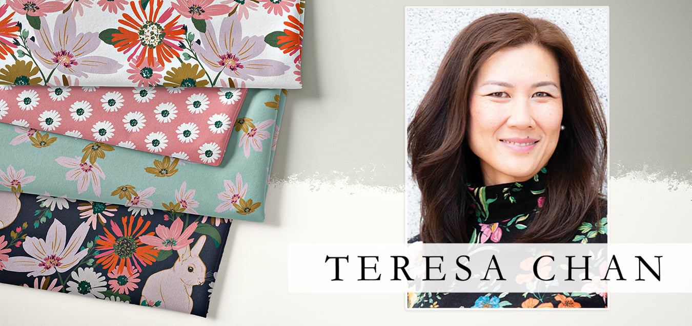 Stacked floral fabrics in pink, sage, and navy with rabbit print, beside portrait of designer Teresa Chan
