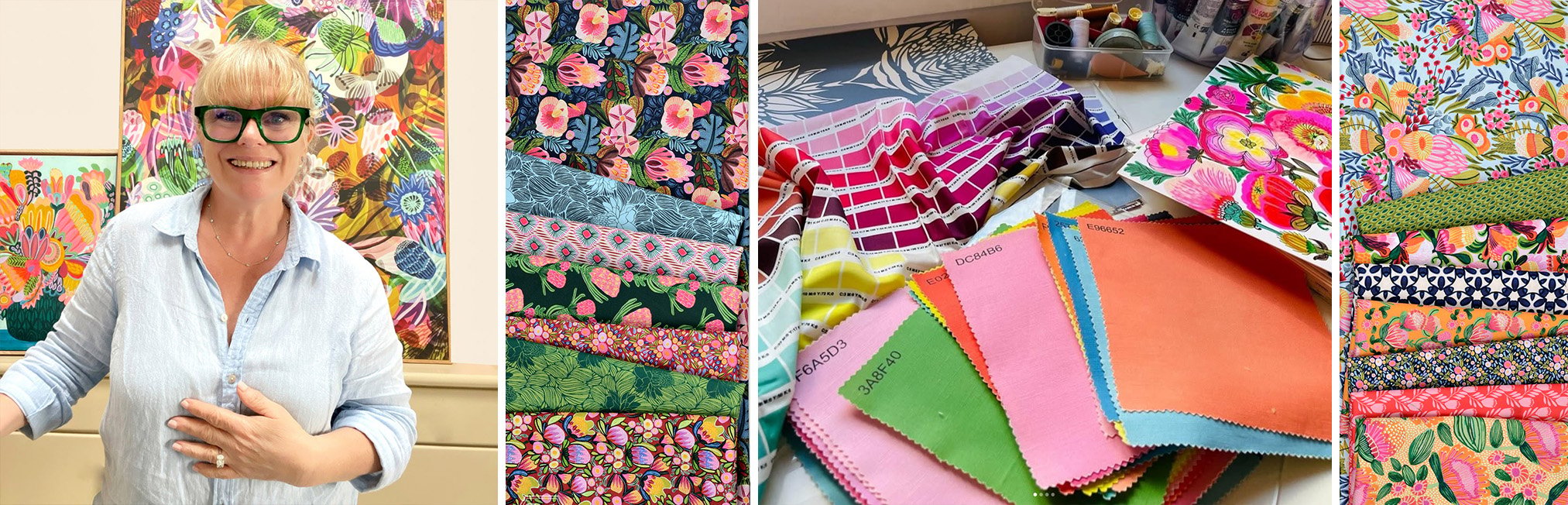 Woman with green glasses beside colorful floral art, alongside folded floral fabrics, color swatches, and fabric bolts with tropical and floral prints in pink, blue, green, and orange.
