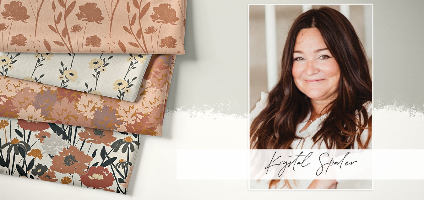 Folded floral fabrics in rust, cream, and mustard tones beside a portrait of designer Krystal Spuler