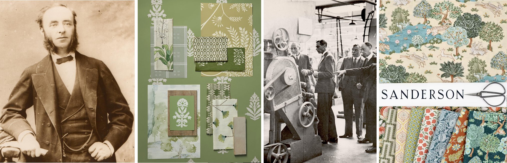 Sanderson heritage collage: vintage founder portrait, green floral fabric swatches, historic factory workers, and woodland-print fabrics with logo