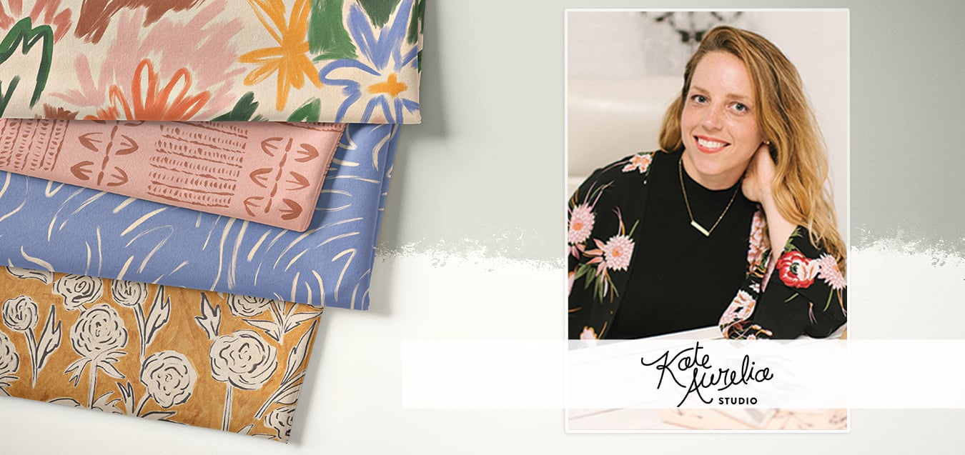 Folded floral fabrics in pink, blue, and mustard prints beside a portrait of designer Kate Aurelia in a floral jacket.