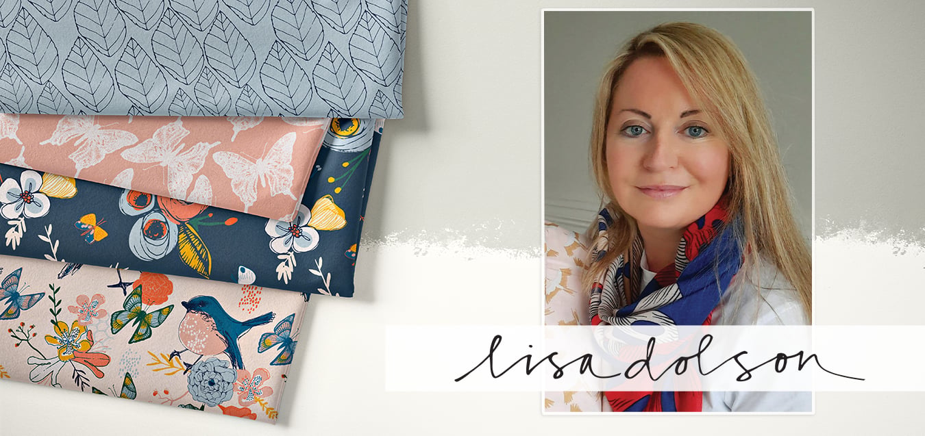 Folded fabrics with leaf, butterfly, and floral bird prints beside a portrait of designer Lisa Dolson