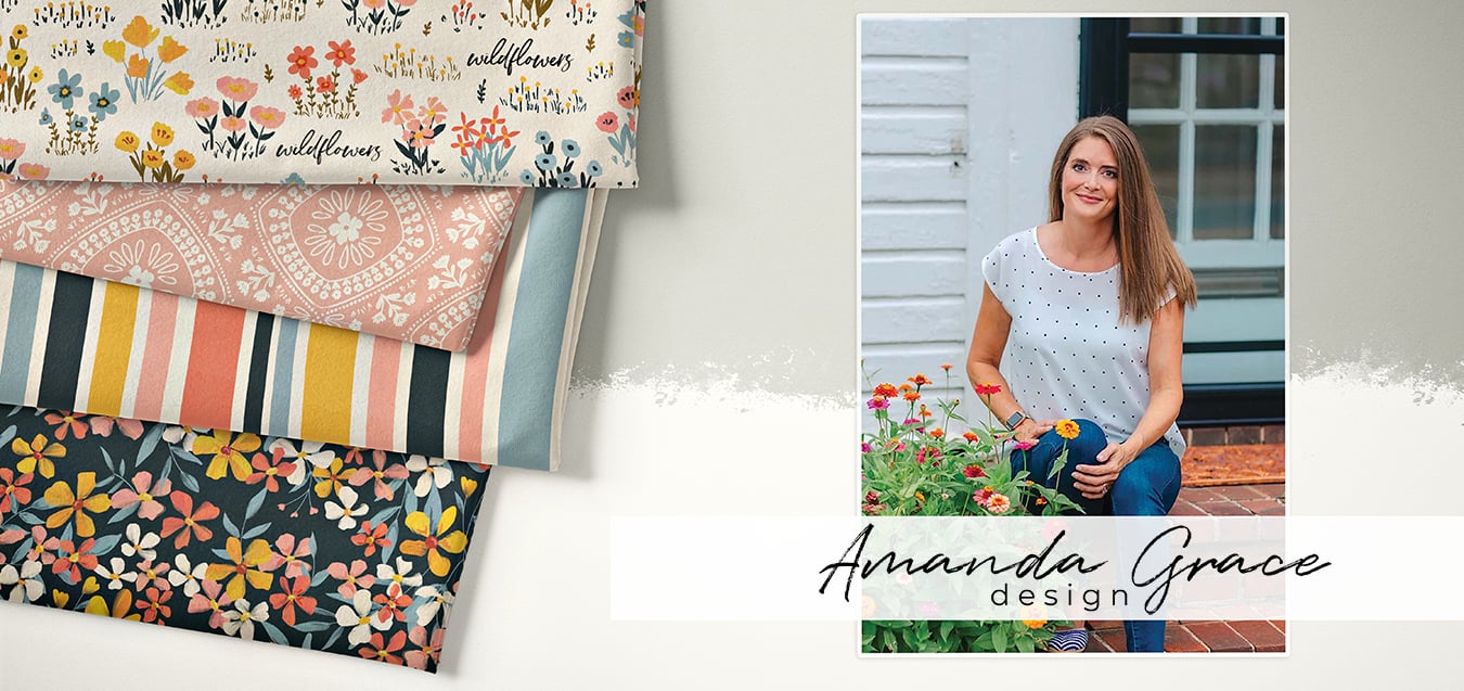 Folded floral and striped fabrics beside a portrait of designer Amanda Grace kneeling by flowers, with her name in script.