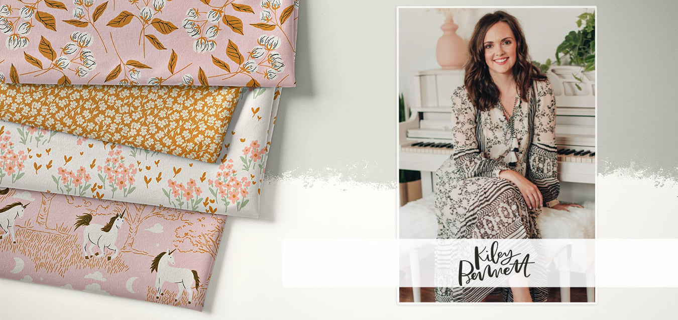 Folded fabric bolts with floral and unicorn prints in pink, mustard, and cream, beside a portrait of designer Kiley Bennett.