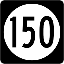 Black square sign with white circle and number 150 in black text
