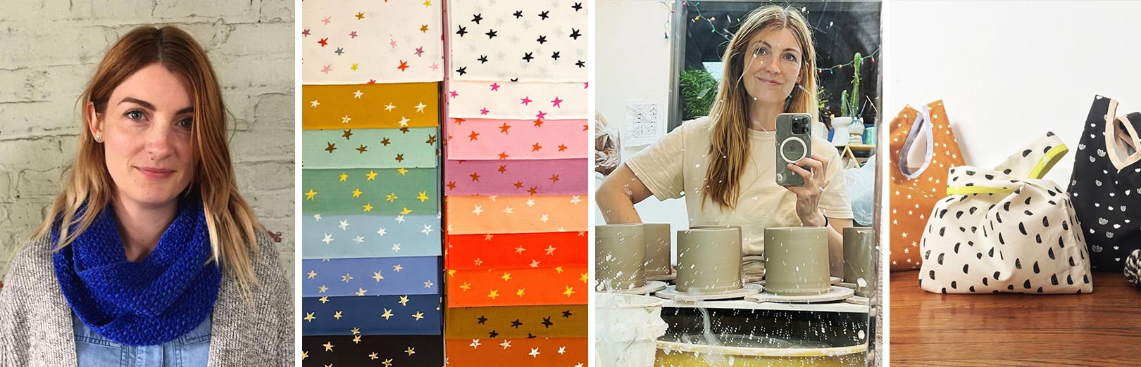 Collage: woman in blue knit scarf, stack of star-print fabrics in rainbow colors, woman photographing herself with pottery mugs, and knotted-handle bags in polka dot and star prints