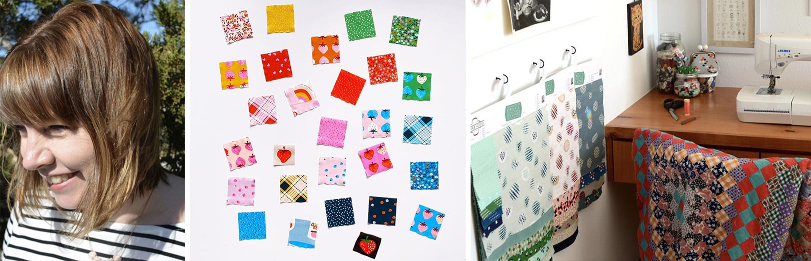 Collage: smiling woman with brown hair, colorful fabric print swatches with strawberries and dots, and fabric scraps hanging near a sewing machine.