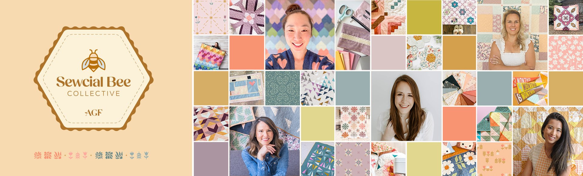Sewcial Bee Collective by AGF logo with bee icon beside a grid of quilters' portraits, quilts, and floral and geometric fabric prints