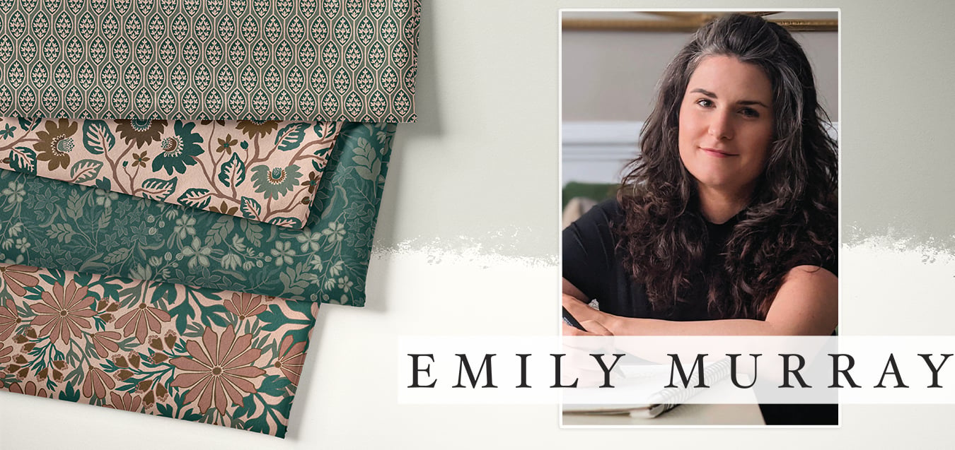Folded fabric swatches with leaf, floral, and vine patterns in teal, pink, and cream, beside a portrait of designer Emily Murray
