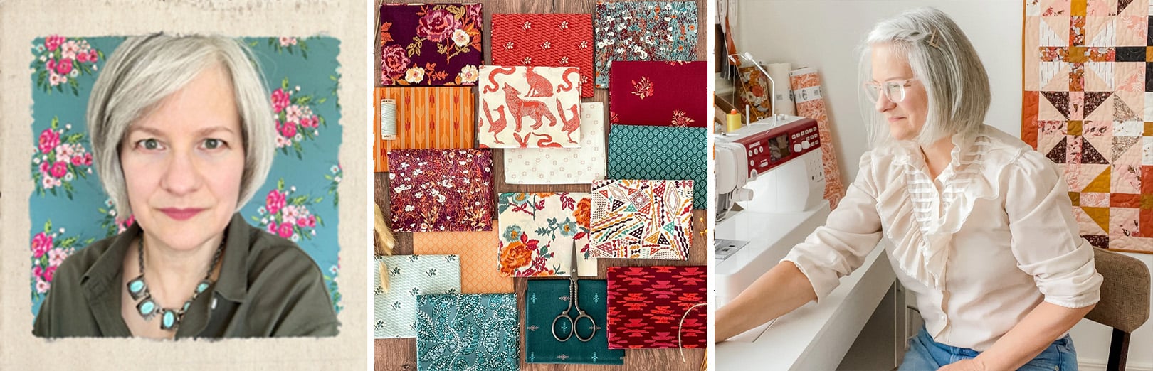 Portrait of a woman with gray hair beside a fabric collection in red, orange, teal, and burgundy florals and prints, and a photo of her sewing in a studio with quilts.