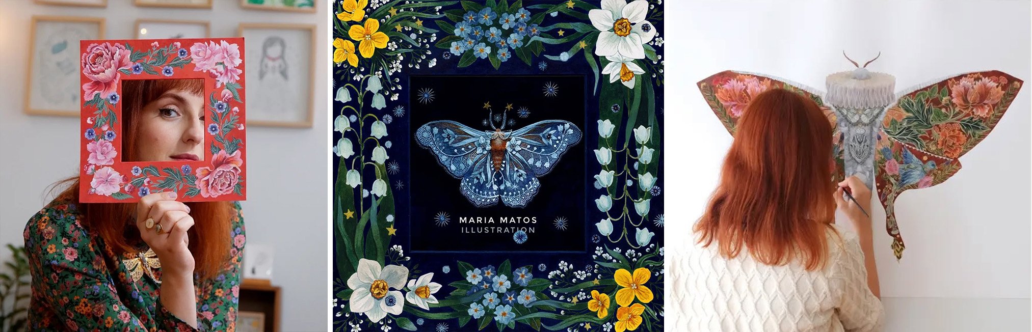 Three images: illustrator with red hair, a floral-framed dark blue moth artwork book cover, and painting a butterfly with floral wing patterns