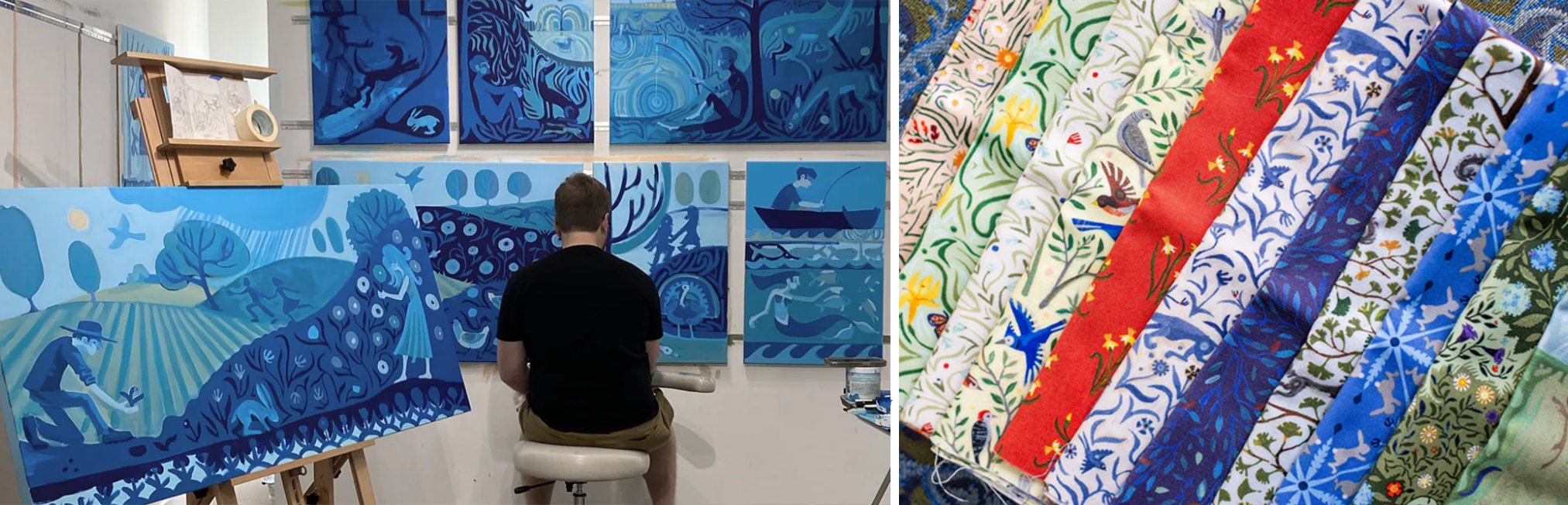 Artist painting blue-toned nature scenes on canvas panels, alongside fabric swatches with matching floral, bird, and animal prints in blue, red, and green