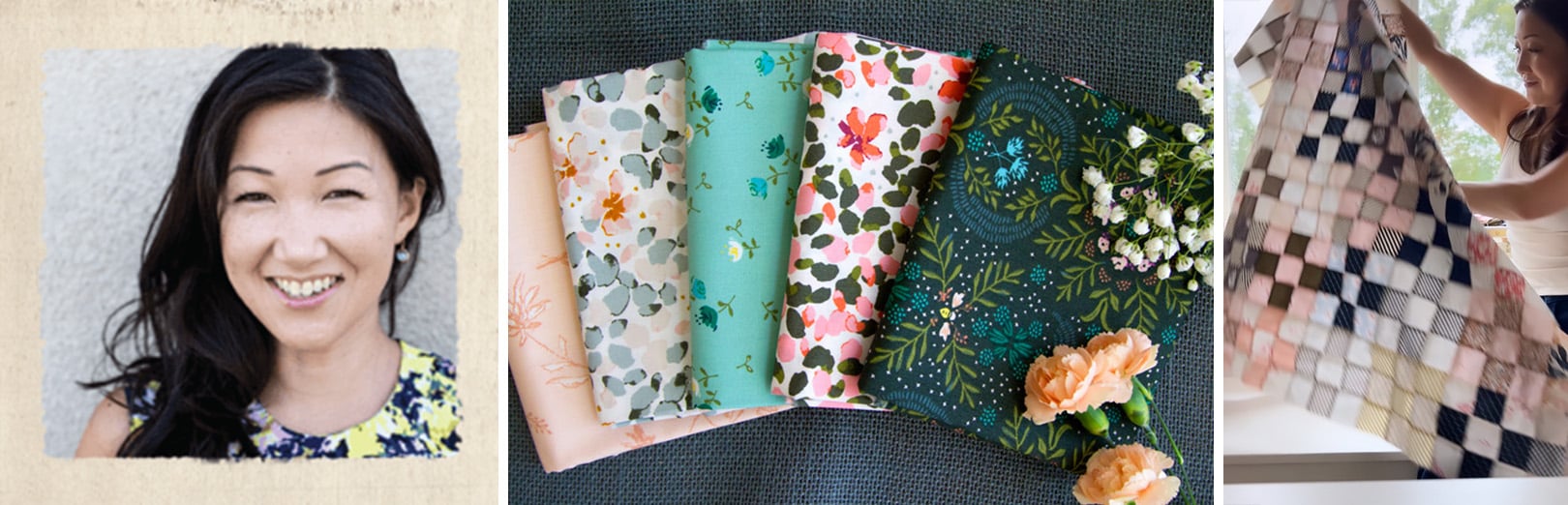 Smiling woman with dark hair; fanned floral fabric folds in peach, teal, pink, and dark green with flowers; woman holding a checkered patchwork quilt