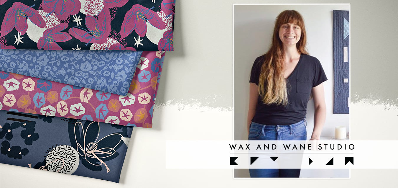 Folded floral fabric stack in magenta, blue, and navy prints beside a photo of designer for Wax and Wane Studio