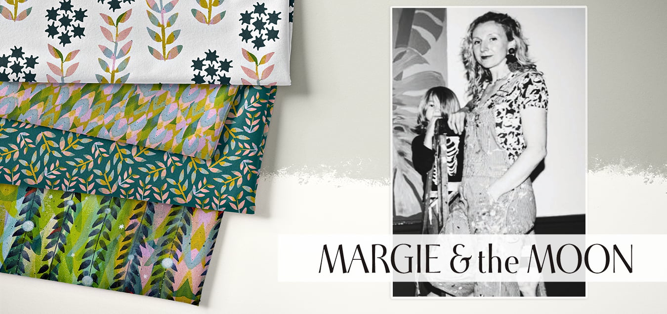 Folded floral and leaf print fabrics beside a black-and-white photo of a woman and child, with text "Margie & the Moon"