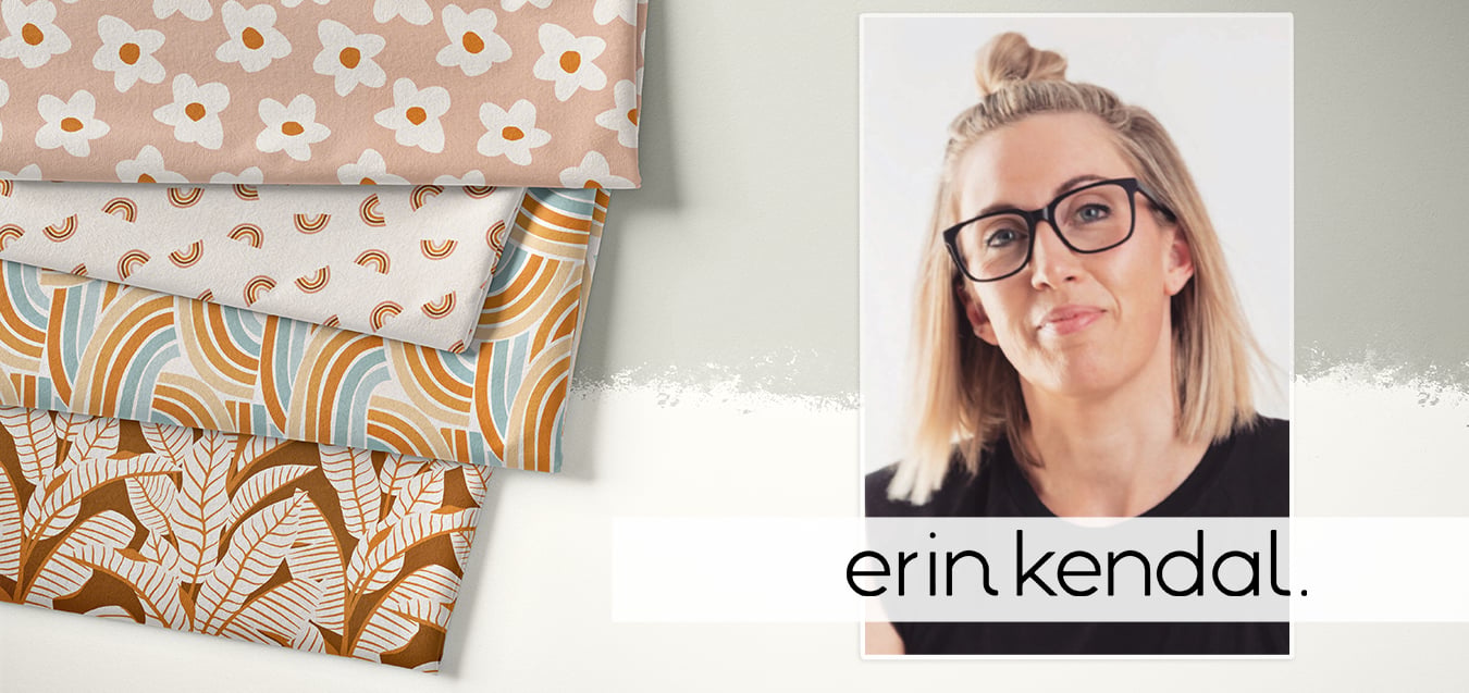 Folded fabrics with daisy, rainbow, arch, and palm leaf prints in blush, teal, and mustard, beside a portrait of designer Erin Kendal
