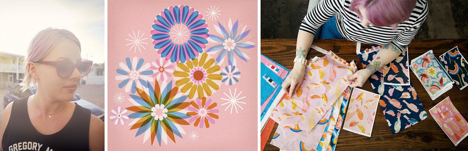 Designer portrait, retro floral pattern in pink, blue, mustard and white, and fabric samples with bird and rainbow prints being arranged on a wooden table