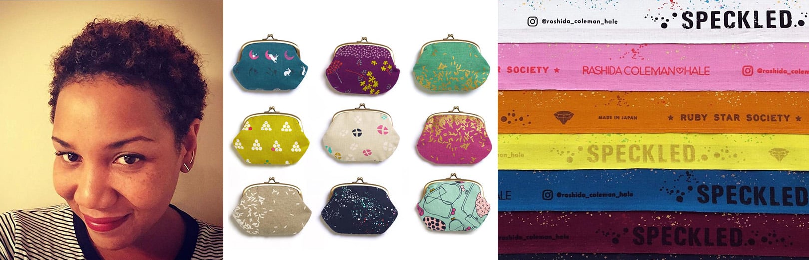 Portrait of designer alongside nine clasp coin purses in varied prints, plus fabric selvages for Speckled by Ruby Star Society