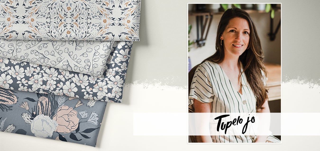 Folded floral fabrics in navy, gray and blush tones beside a portrait of designer Tupelo Jo in a striped top.