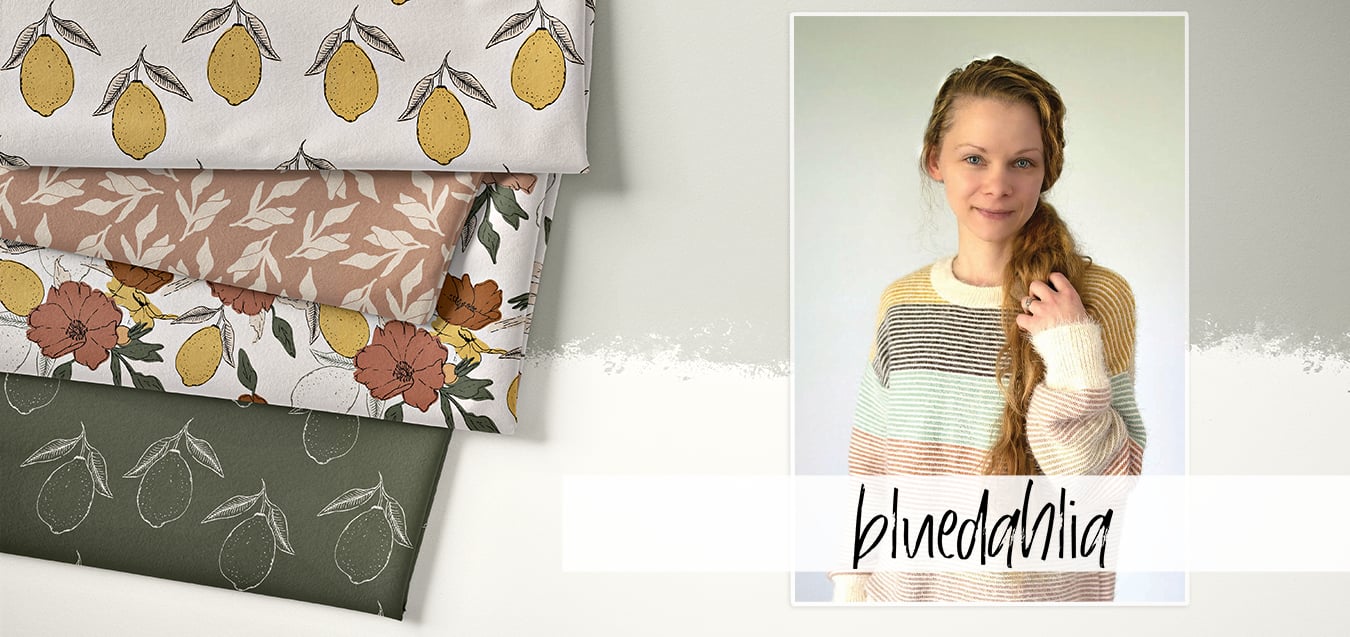 Folded lemon and floral print fabrics in cream, terracotta and olive green, beside a photo of a woman in a striped sweater labeled 'bluedahlia'