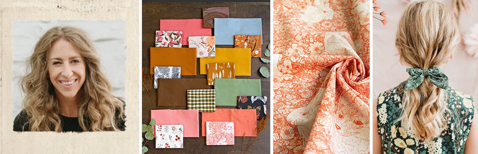 Portrait of a smiling woman with wavy hair; fabric swatches in pink, mustard, blue, and green florals; orange floral fabric with rabbits and foxes; woman's hair with a green floral scarf tied in a bow