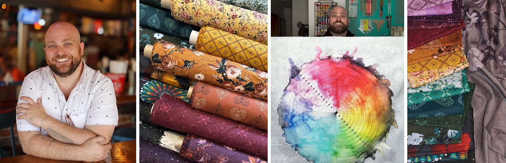 Collage: designer smiling, stacked fabric bolts in floral and medallion prints, holding a hand-painted color wheel, and folded fabrics in jewel tones