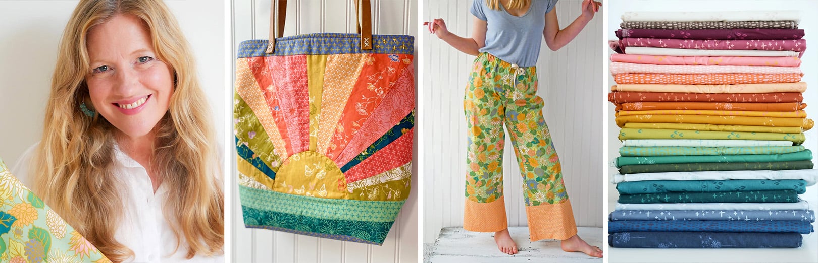 Collage: smiling designer, sunburst patchwork tote bag, floral wide-leg pants with orange trim, and folded stack of colorful printed fabrics