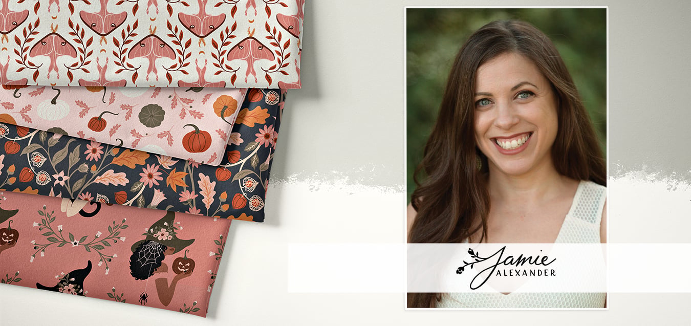 Folded fabrics with moth, pumpkin, floral, and witch autumn prints beside a portrait of designer Jamie Alexander