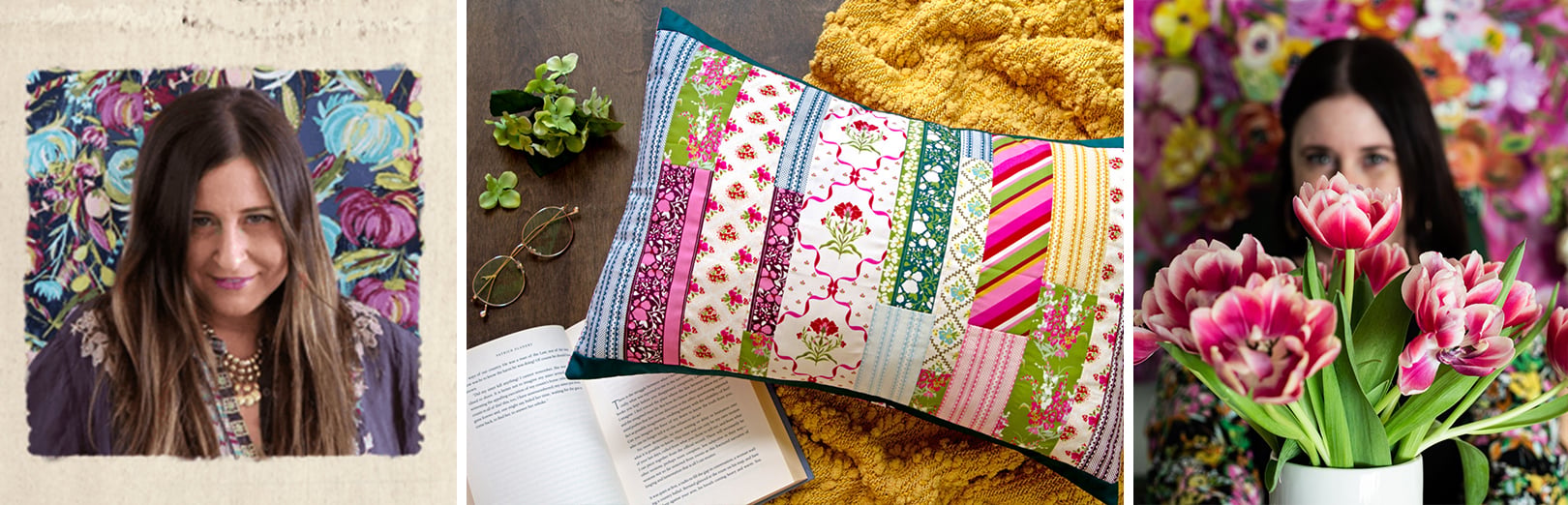 Portrait against floral fabric; striped patchwork pillow with floral prints on a book and gold blanket; woman holding pink tulips against floral backdrop