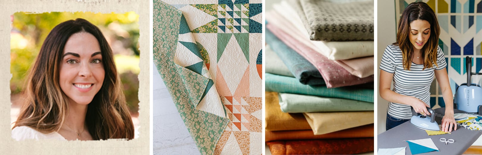 Portrait of a smiling woman beside a folded star-pattern quilt, a stack of solid-colored fabrics, and a woman pressing fabric squares with an iron