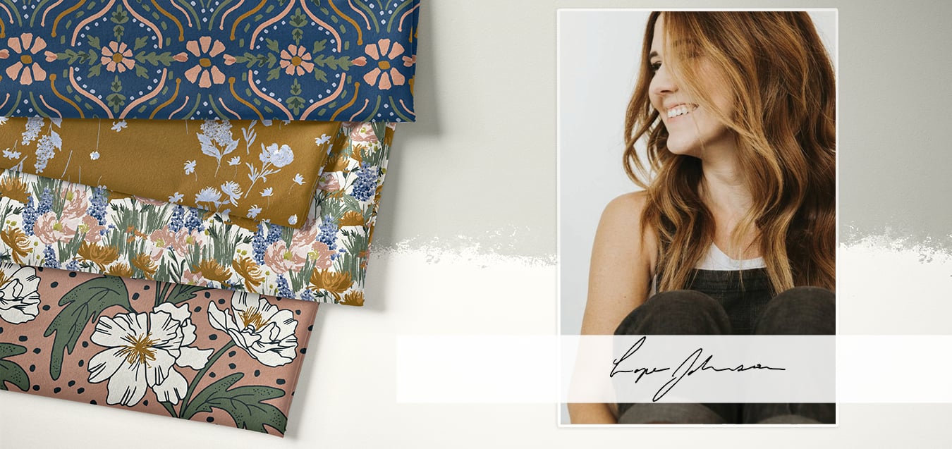 Folded fabric stack with floral prints in navy, mustard, and blush tones, beside a smiling woman with a signature below her portrait