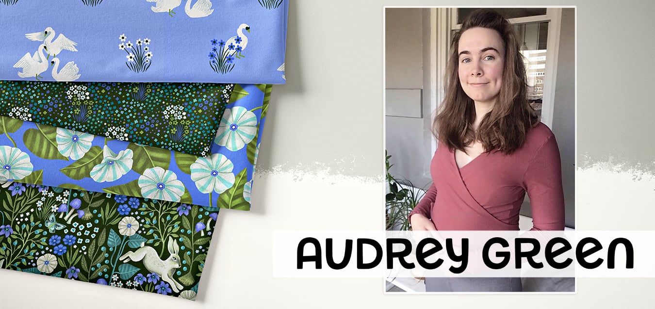 Folded fabrics with swan, floral, and rabbit prints in blue and green, beside a portrait of designer Audrey Green.