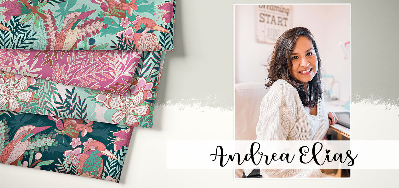 Folded fabrics with kingfisher bird and floral prints in teal, magenta, and pink, beside a portrait of designer Andrea Elias.