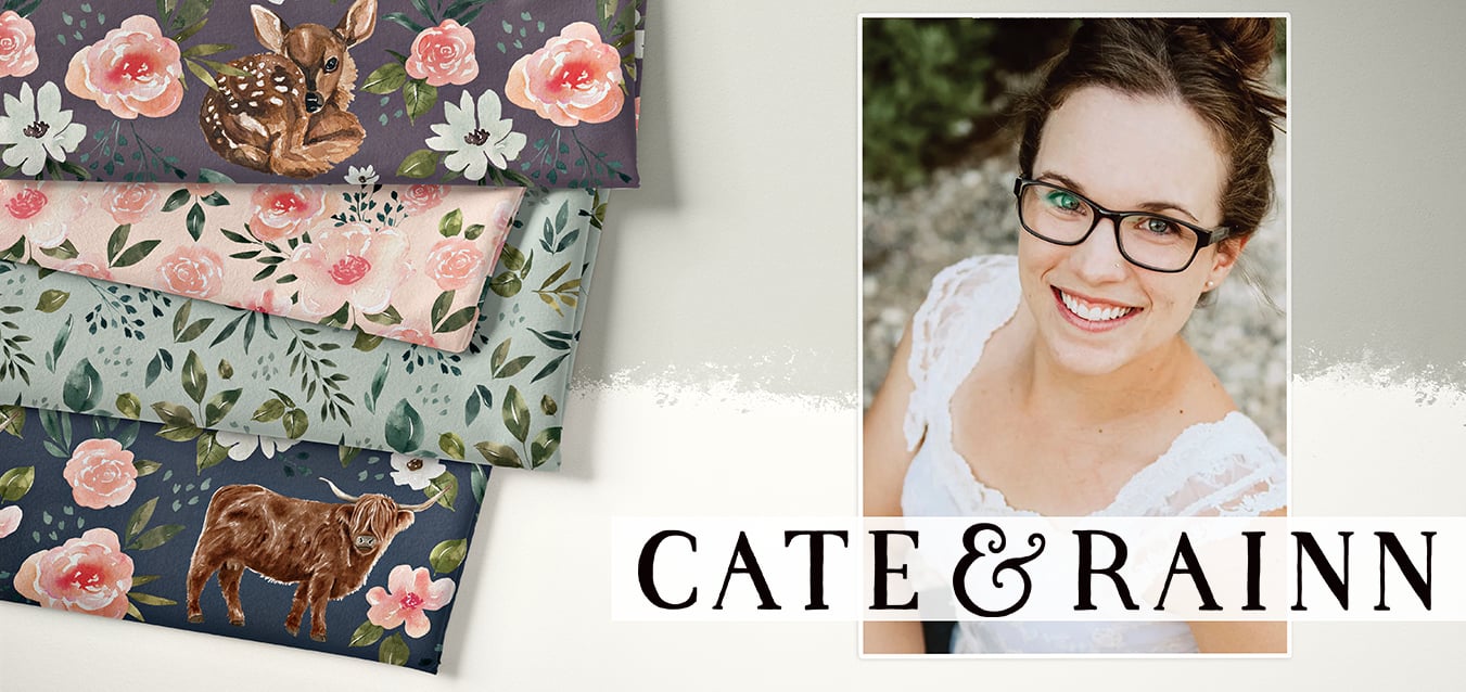 Folded fabrics with fawn, floral, and Highland cow prints beside a smiling woman's portrait and the 'Cate & Rainn' logo.