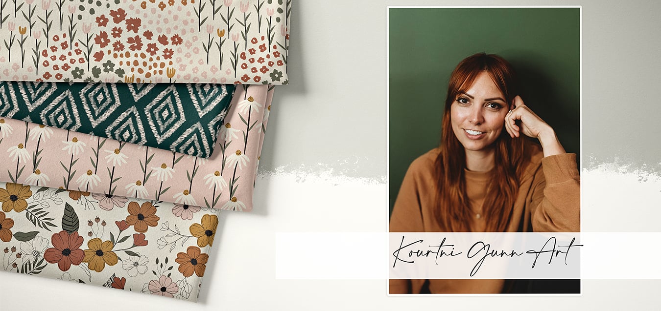 Folded floral and geometric print fabrics beside a portrait of designer Kourtni Gunn Art