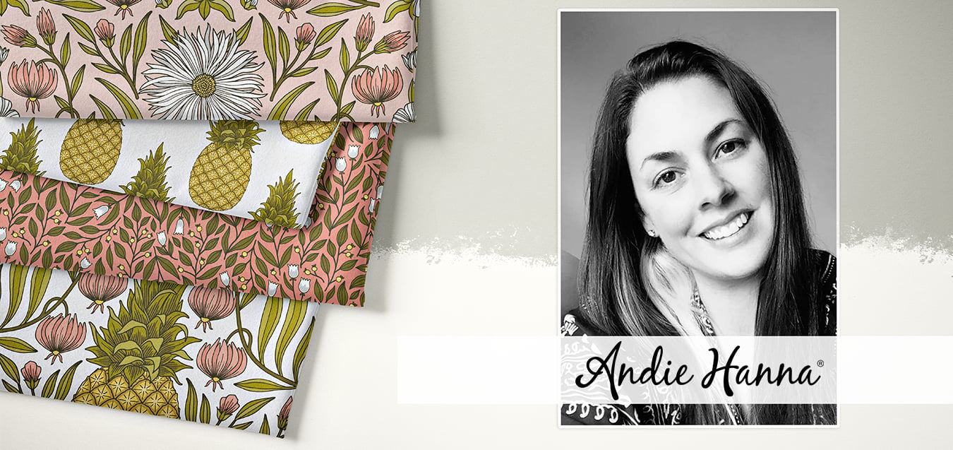 Folded fabrics with floral and pineapple prints in pink, gold, and olive, beside black-and-white portrait of designer Andie Hanna