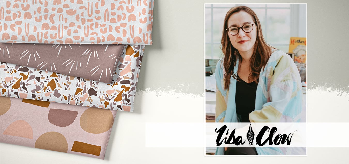 Folded fabrics in pink, mauve and gold prints beside a portrait of designer Lisa Clow with her name in brush lettering.