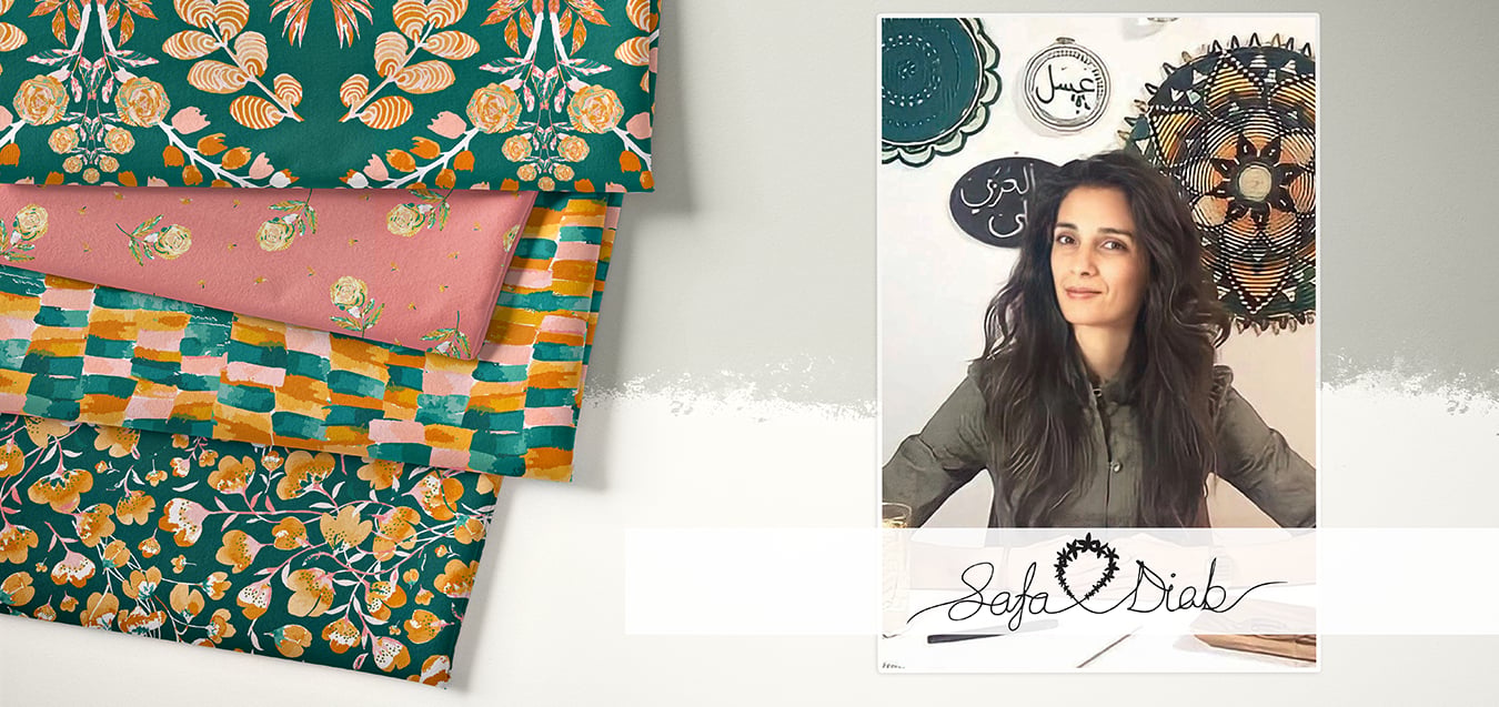 Folded fabrics in teal, pink, and gold floral and geometric prints, with a portrait of designer Safa Diab and her signature.