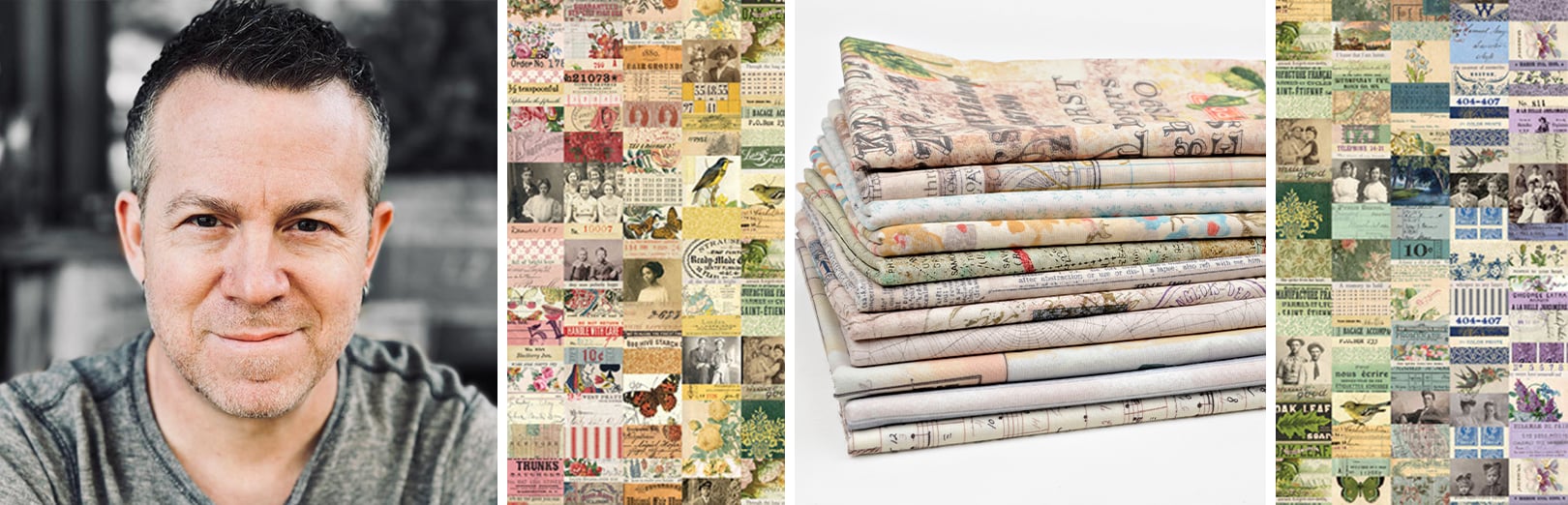 Portrait of a man beside vintage-style collage print fabrics with ephemera patterns and a folded stack of coordinating prints