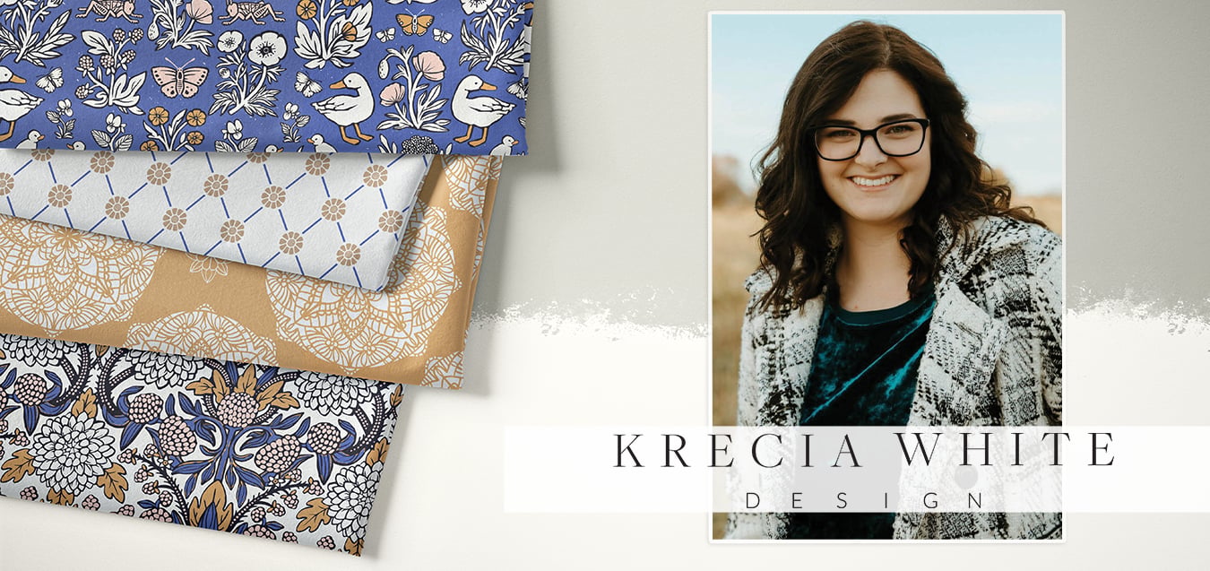 Folded fabric bolts with floral, geometric, and duck prints in blue, tan and white, beside portrait of designer Krecia White