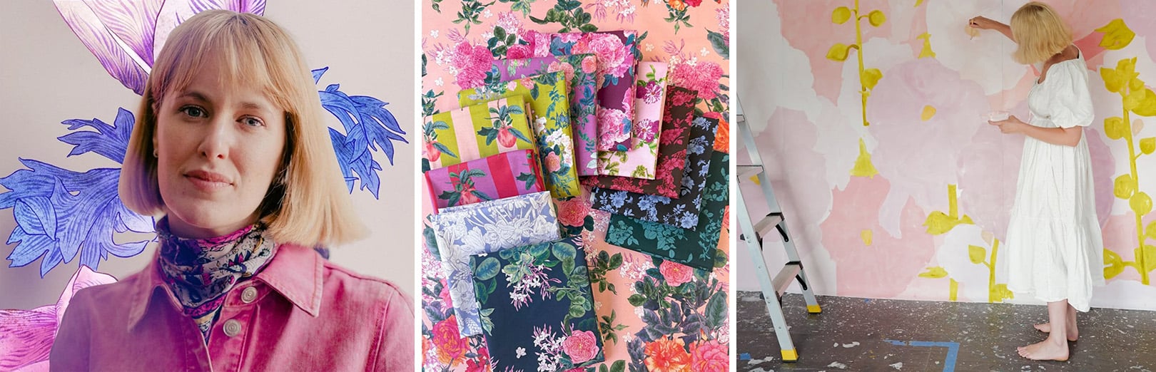 Designer portrait with illustrated florals, floral fabric swatches in pink and navy, and artist hand-painting a pink and yellow floral mural