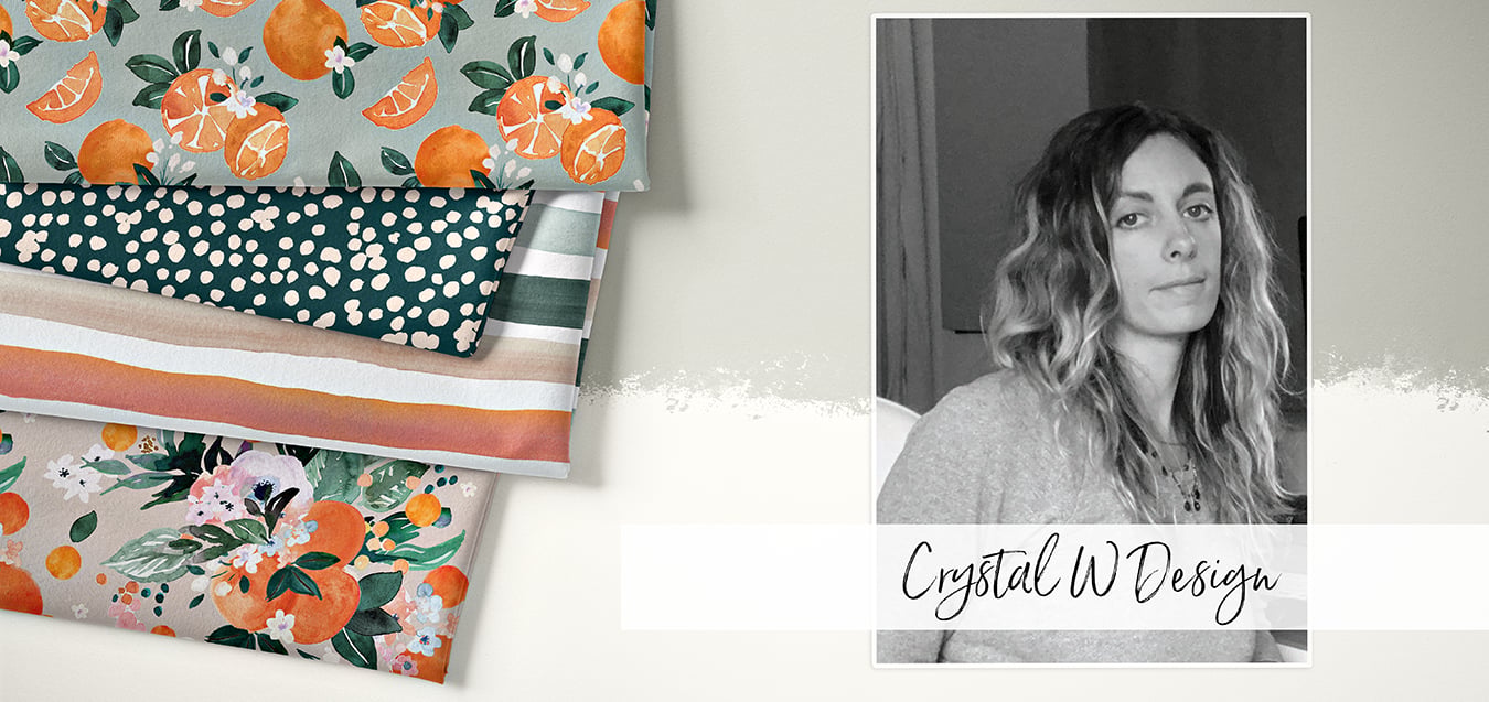 Folded fabrics with citrus, floral, dot, and stripe prints beside black-and-white portrait of designer Crystal W Design